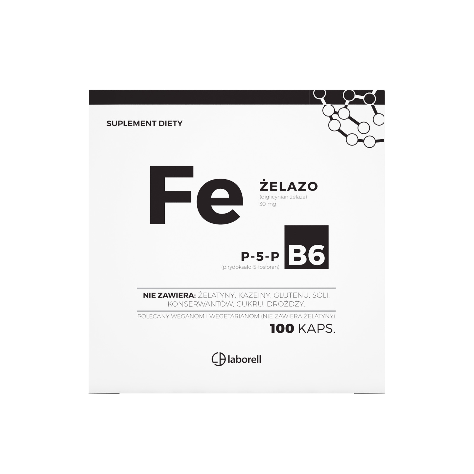 Железо Laborell Fe + B6, диглицинат железа, с витаминами B6, B12 и C, 100 капсул
